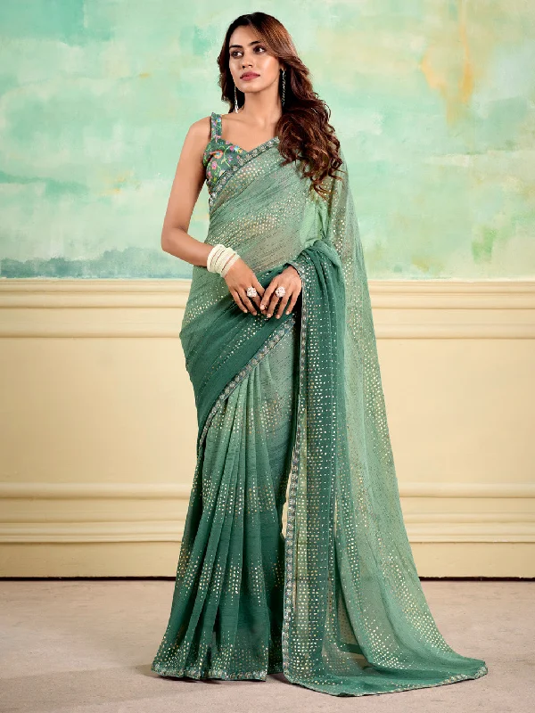Women's Georgette Sea Green Embellished Designer Saree With Blouse Piece Vintage Lace Blouse Women's Georgette Sea Green Embellished Designer Saree With Blouse Piece Vintage Lace Blouse