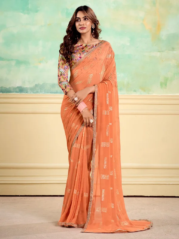 Women's Georgette Peach Embellished Designer Saree With Blouse Piece Satin Long Blouse Women's Georgette Peach Embellished Designer Saree With Blouse Piece Satin Long Blouse