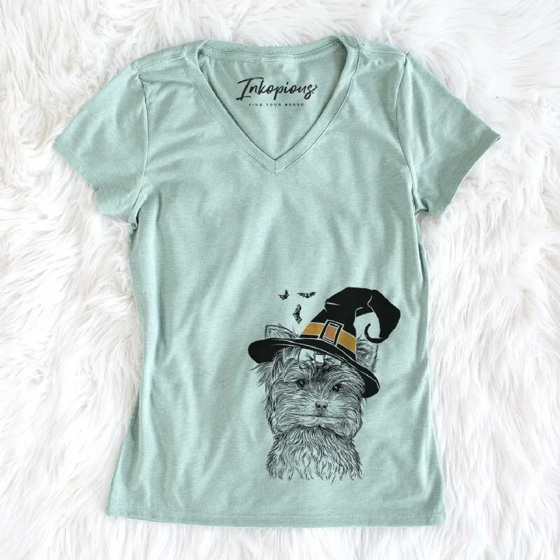 Witch Cricket the Biewer Terrier - Women's V-neck Shirt-- Zippered Front Buttoned Front Snap Front Witch Cricket the Biewer Terrier - Women's V-neck Shirt-- Zippered Front Buttoned Front Snap Front
