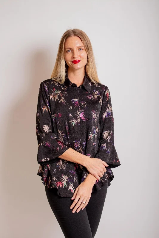 "Happy" Black Embroidered Blouse Peter Pan Collar Blouse