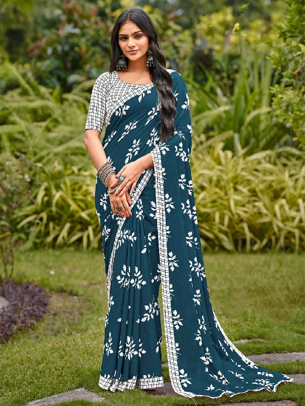 Women's Cotton White Printed Designer Saree With Blouse Piece Modern Oversized Blouse