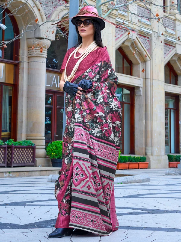 Women's Crepe Pink Printed Designer Saree With Blouse Piece Delicate Bow Blouse