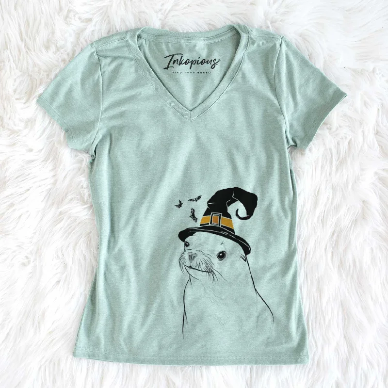 Witch Chip the California Sea Lion - Women's V-neck Shirt-- Spandex Blend Rayon Blend Denim Blend Witch Chip the California Sea Lion - Women's V-neck Shirt-- Spandex Blend Rayon Blend Denim Blend