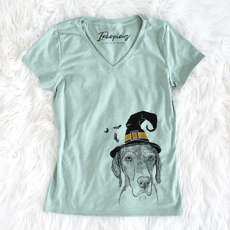 Witch Bohdi the German Shorthaired Pointer - Women's V-neck Shirt-- Mesh Fabric Canvas Fabric Denim Fabric Witch Bohdi the German Shorthaired Pointer - Women's V-neck Shirt-- Mesh Fabric Canvas Fabric Denim Fabric