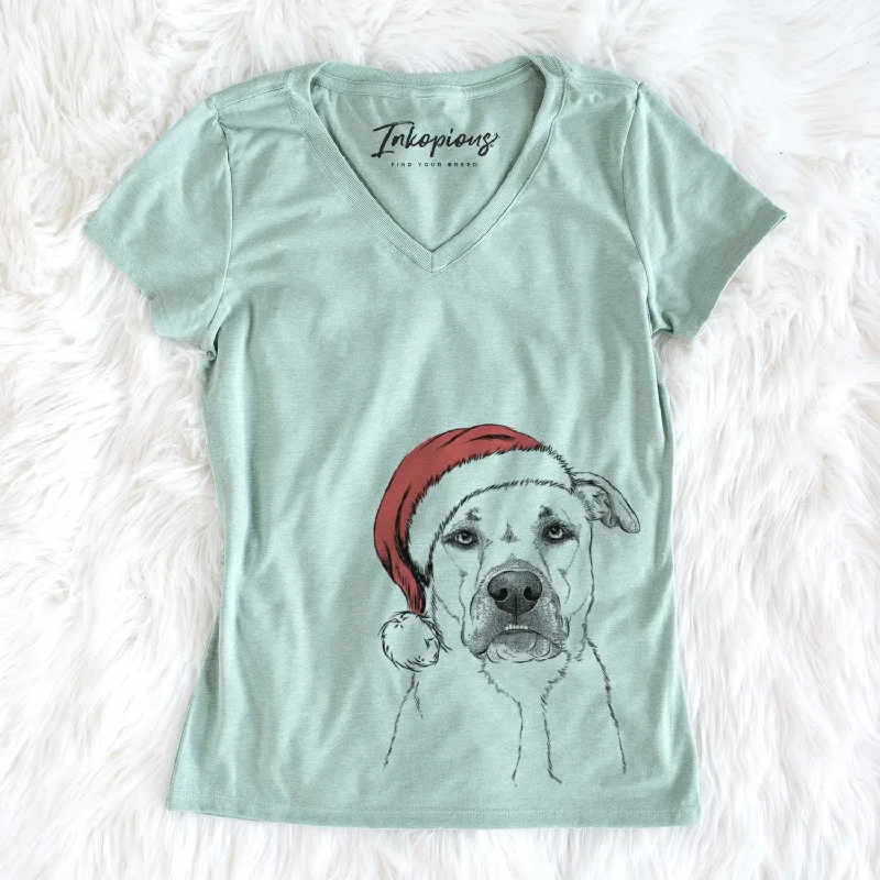 Santa Abby the Boxer Beagle Mix - Women's V-neck Shirt-- Polka Dot Checkered Tartan