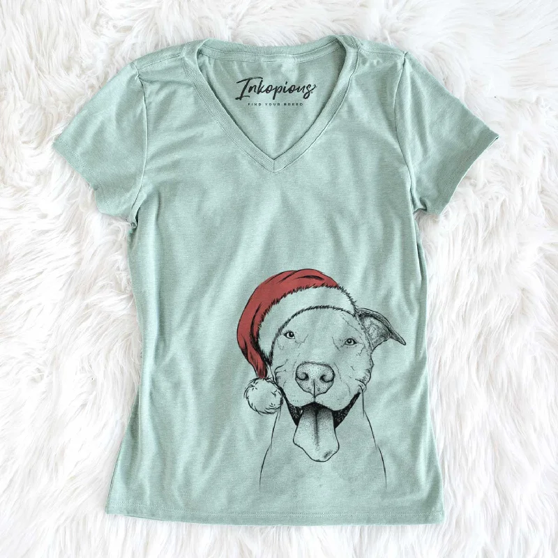 Santa Bruce the American Staffordshire Terrier - Women's V-neck Shirt-- Graphic Embroidered Appliqued Santa Bruce the American Staffordshire Terrier - Women's V-neck Shirt-- Graphic Embroidered Appliqued