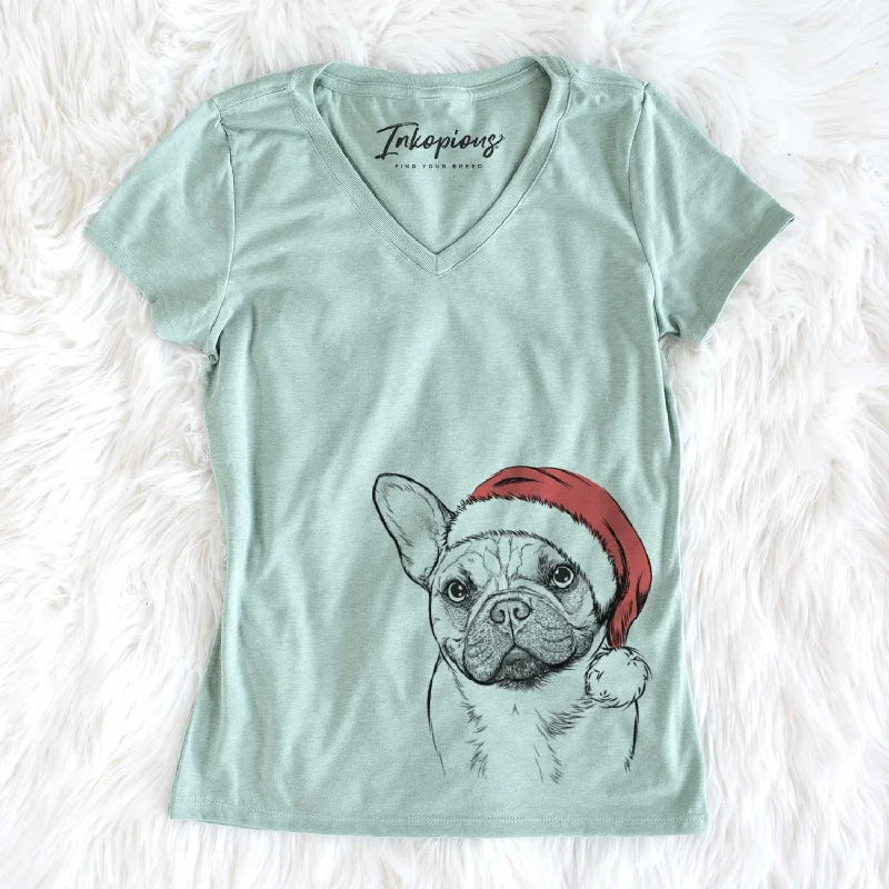 Santa Chew Chew the French Bulldog - Women's V-neck Shirt-- Zippered Front Buttoned Front Snap Front