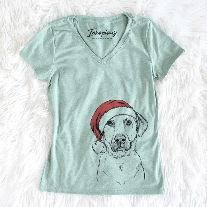 Santa Cooper Griffin the Mixed Breed - Women's V-neck Shirt-- Denim Fabric Leather Fabric Suede Fabric Santa Cooper Griffin the Mixed Breed - Women's V-neck Shirt-- Denim Fabric Leather Fabric Suede Fabric