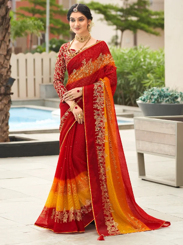 Women's Chiffon Red Embellished Designer Saree With Blouse Piece Side Tie Blouse