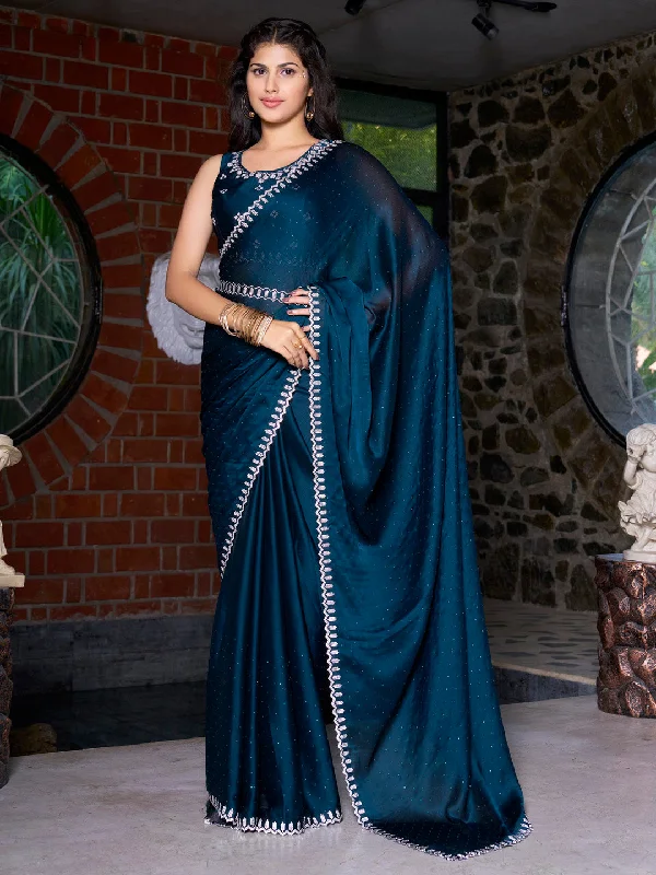 Women's Pure Chiffon Teal blue Embellished Designer Saree With Blouse Piece Lightweight Floral Blouse Women's Pure Chiffon Teal blue Embellished Designer Saree With Blouse Piece Lightweight Floral Blouse