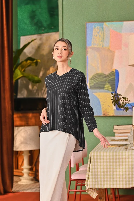 The Capai Women Foxy Blouse - Black Pinstripe Embellished Collar Blouse