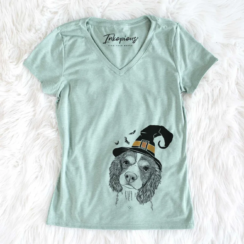 Witch Truman the Cavalier King Charles Spaniel - Women's V-neck Shirt-- Polka Dot Checkered Tartan Witch Truman the Cavalier King Charles Spaniel - Women's V-neck Shirt-- Polka Dot Checkered Tartan