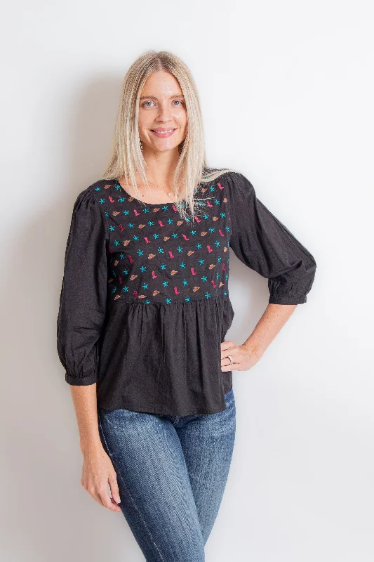 Black Western Peasant Blouse Soft Knit Blouse
