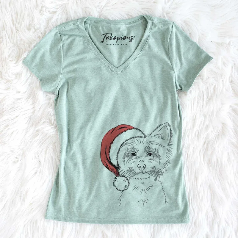 Santa Farva the Yorkshire Terrier - Women's V-neck Shirt-- Print Jacquard Patchwork