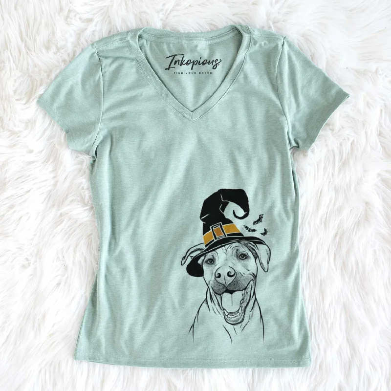 Witch Finn the Hound Mix - Women's V-neck Shirt-- Mesh Blend Leather Blend Suede Blend Witch Finn the Hound Mix - Women's V-neck Shirt-- Mesh Blend Leather Blend Suede Blend