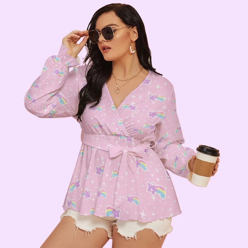 Bubblegum Bunny Shooting Stars Women's V-neck Long Sleeve Blouse With Waistband Stylish Wrap Blouse Bubblegum Bunny Shooting Stars Women's V-neck Long Sleeve Blouse With Waistband Stylish Wrap Blouse