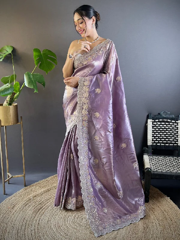 Women's Paper Silk Lavender Embellished Designer Saree With Blouse Piece Off-Shoulder Wrap Blouse Women's Paper Silk Lavender Embellished Designer Saree With Blouse Piece Off-Shoulder Wrap Blouse