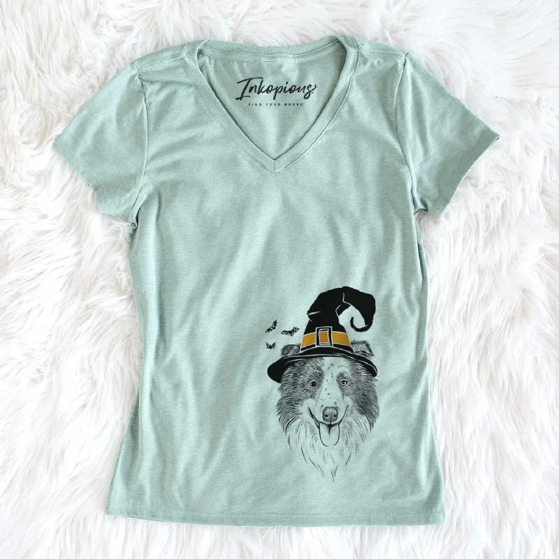 Witch Lady Bug the Border Collie - Women's V-neck Shirt-- Graphic T-Shirt Round Neck Polyester Witch Lady Bug the Border Collie - Women's V-neck Shirt-- Graphic T-Shirt Round Neck Polyester