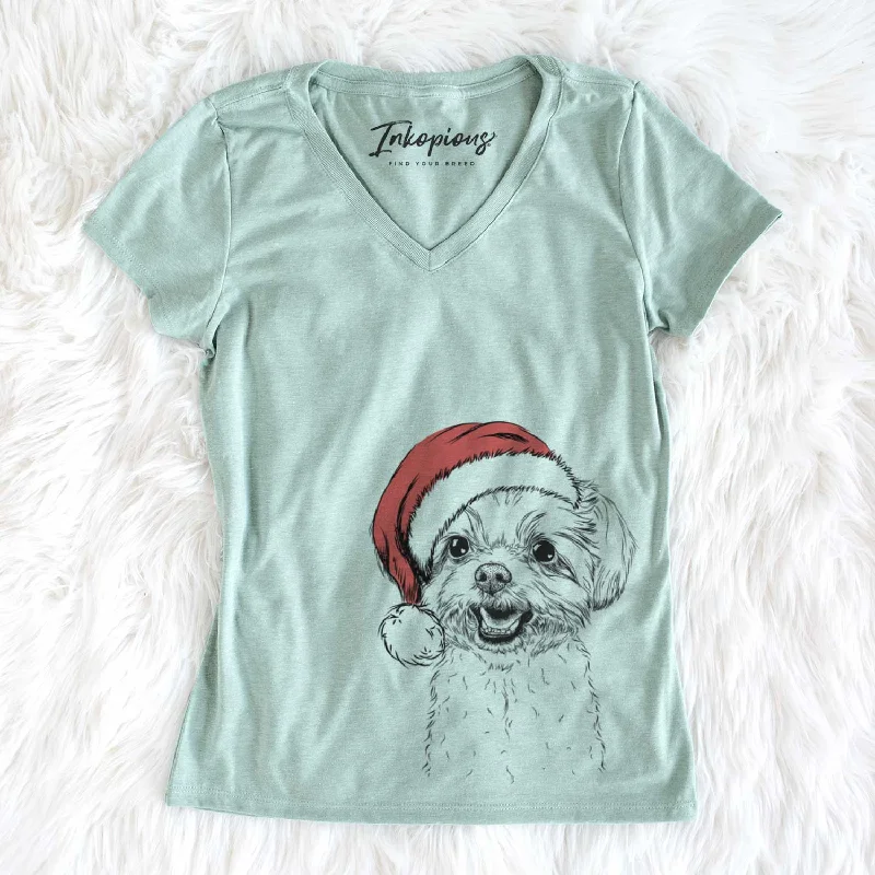 Santa Aspen the Morkie - Women's V-neck Shirt-- Polka Dot Checkered Tartan