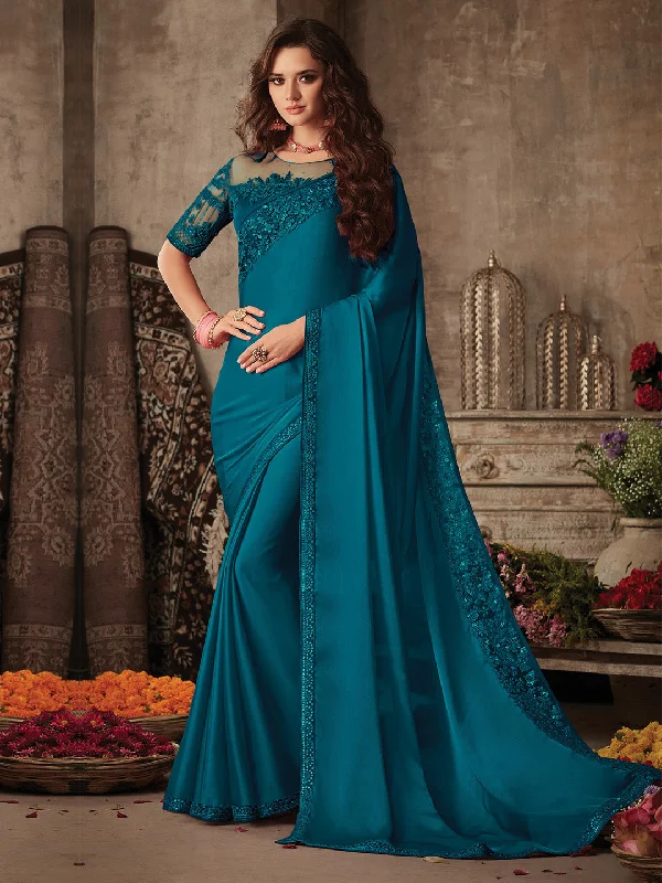 Women's Satin Silk Teal blue Embellished Designer Saree With Blouse Piece Chic Wrap Blouse Women's Satin Silk Teal blue Embellished Designer Saree With Blouse Piece Chic Wrap Blouse
