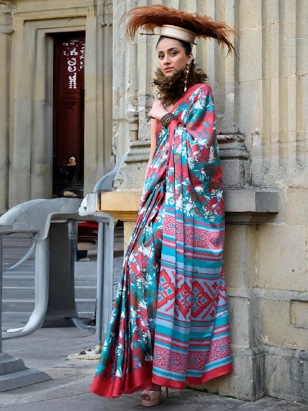 Women's Crepe Pink Printed Designer Saree With Blouse Piece High Neck Blouse