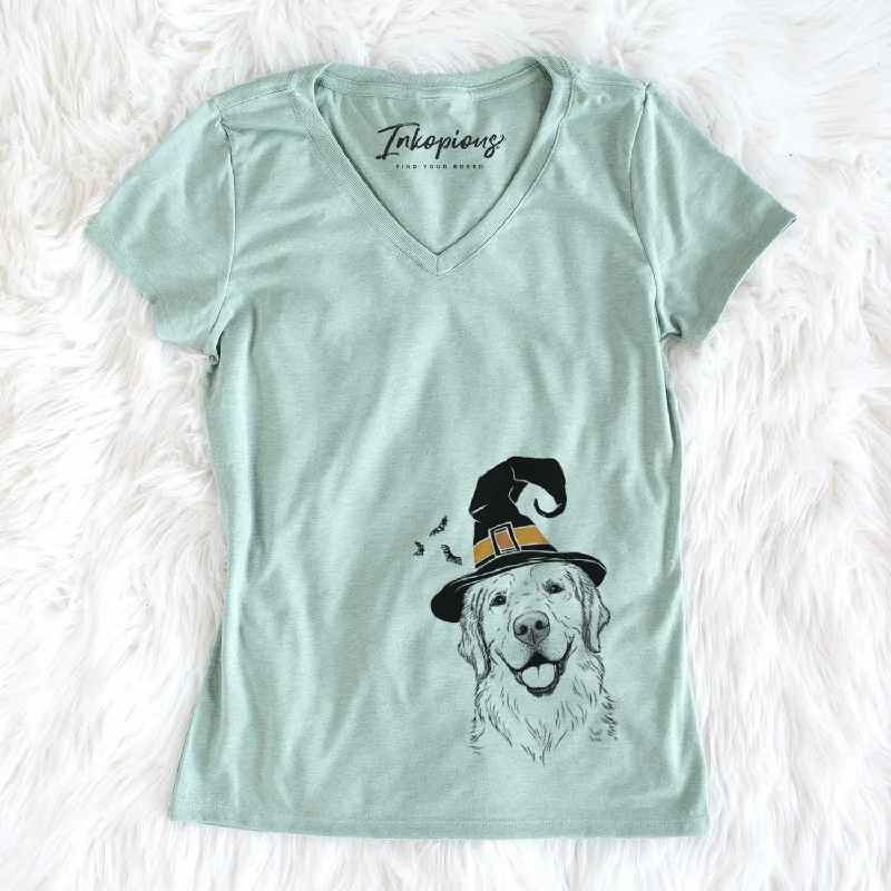 Witch Griffin the Golden Retriever - Women's V-neck Shirt-- Welt Pockets Slit Pockets Flap Pockets Witch Griffin the Golden Retriever - Women's V-neck Shirt-- Welt Pockets Slit Pockets Flap Pockets