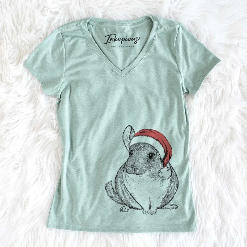 Santa Cheddar the Chinchilla - Women's V-neck Shirt-- V-Neck T-Shirt Long Sleeve Cotton Santa Cheddar the Chinchilla - Women's V-neck Shirt-- V-Neck T-Shirt Long Sleeve Cotton
