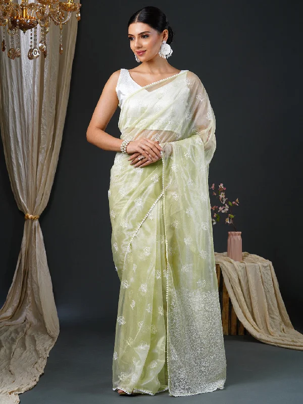 Women's Organza White Embroidered Designer Saree With Blouse Piece Embellished Collar Blouse Women's Organza White Embroidered Designer Saree With Blouse Piece Embellished Collar Blouse