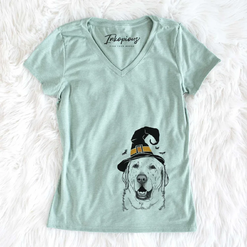 Witch Sparks the Labrador Retriever - Women's V-neck Shirt-- Embroidered Appliqued Beaded Witch Sparks the Labrador Retriever - Women's V-neck Shirt-- Embroidered Appliqued Beaded