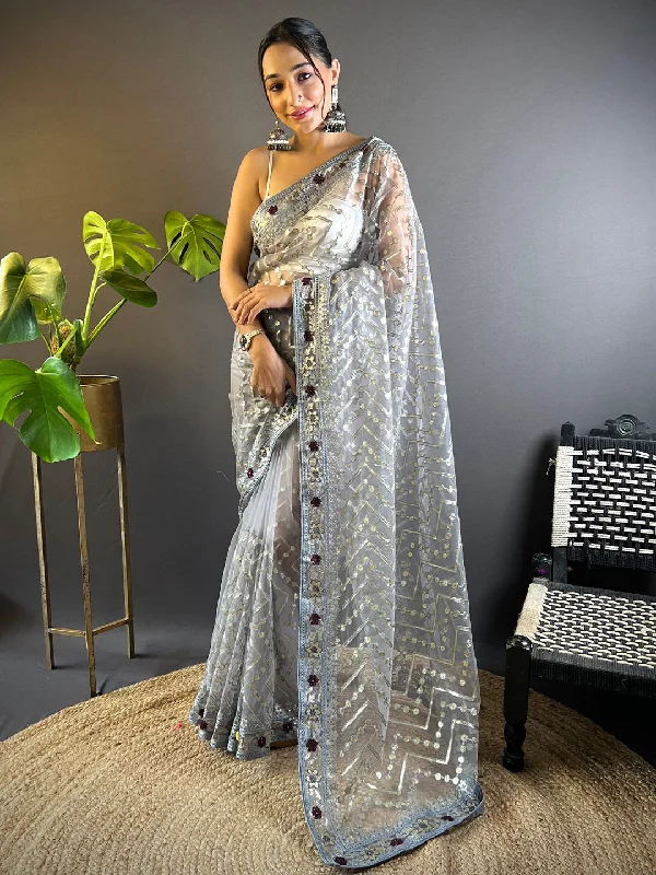 Women's Net Grey Embellished Designer Saree With Blouse Piece Lightweight Floral Blouse Women's Net Grey Embellished Designer Saree With Blouse Piece Lightweight Floral Blouse