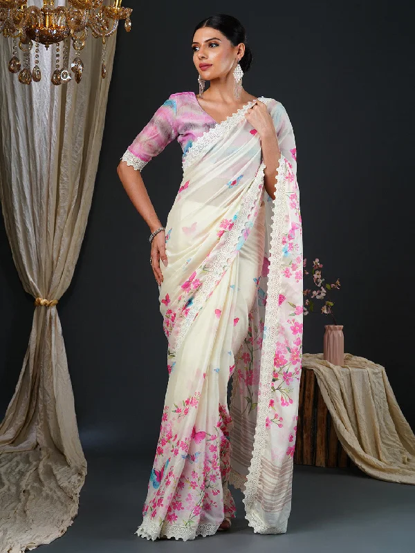 Women's Georgette Multicolored Digital Print Designer Saree With Blouse Piece Puff Sleeve Blouse Women's Georgette Multicolored Digital Print Designer Saree With Blouse Piece Puff Sleeve Blouse