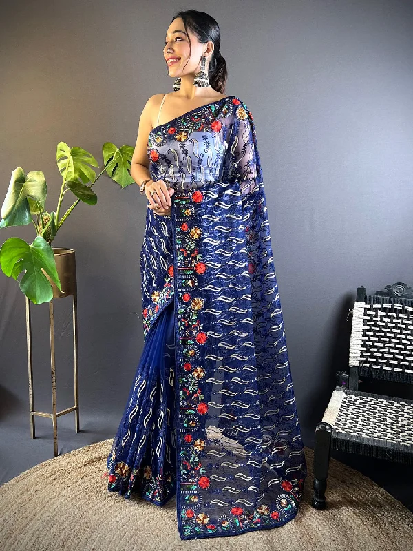 Women's Net Navy Blue Embellished Designer Saree With Blouse Piece Side Tie Blouse