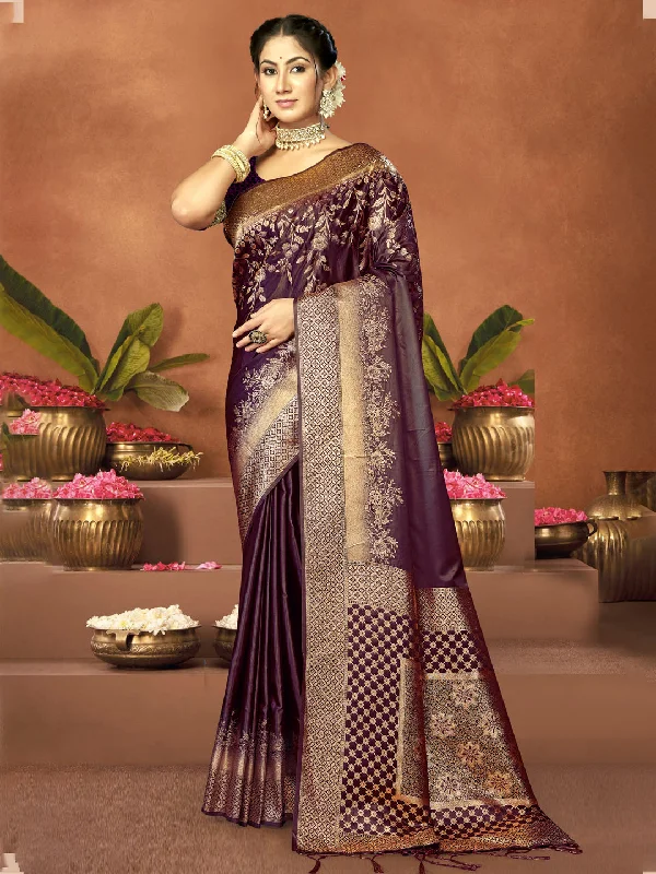 Women Purple Satin Silk Saree With Un Stitched Blouse Polished Work Blouse
