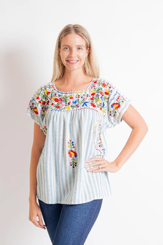 Blue Stripe Embroidered Blouse Feminine Puff Blouse