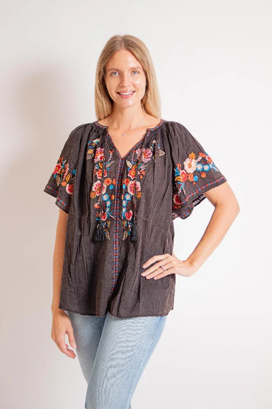 "Kiora" Black Blouse Sheer Sleeve Blouse