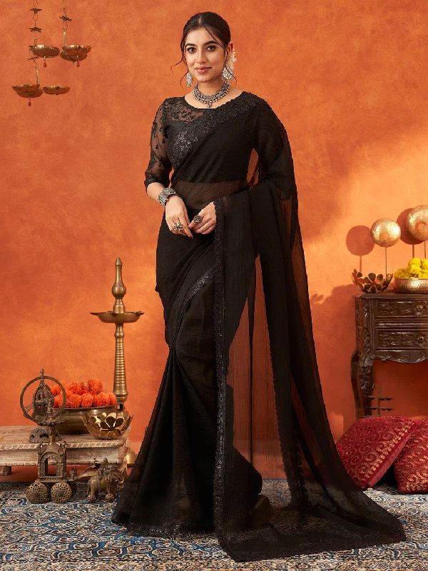 Women's Chiffon Black Embellished Designer Saree With Blouse Piece Asymmetric Hem Blouse Women's Chiffon Black Embellished Designer Saree With Blouse Piece Asymmetric Hem Blouse