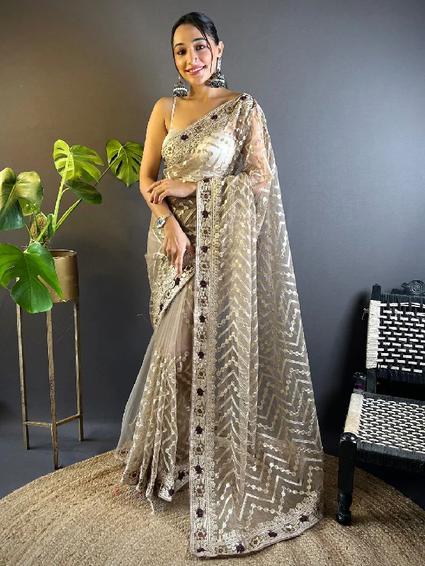 Women's Net Beige Embellished Designer Saree With Blouse Piece Smart Casual Blouse