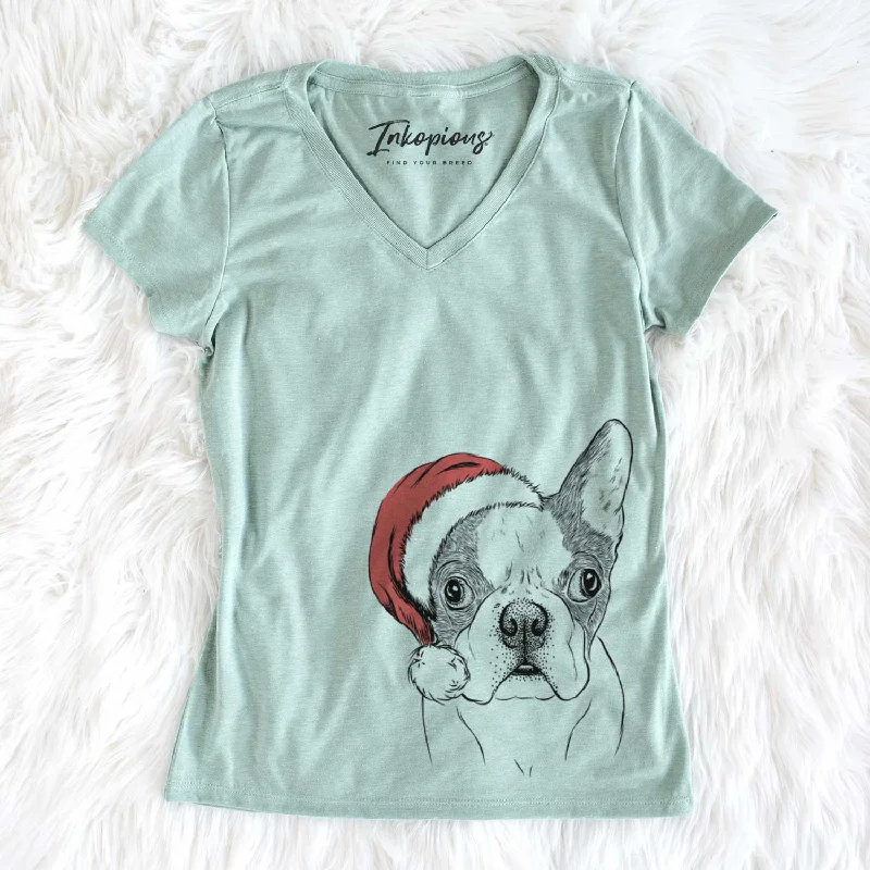 Santa Chocolate Chip the Boston Terrier - Women's V-neck Shirt-- Chenille Blend Fleece Blend Nylon Blend Santa Chocolate Chip the Boston Terrier - Women's V-neck Shirt-- Chenille Blend Fleece Blend Nylon Blend