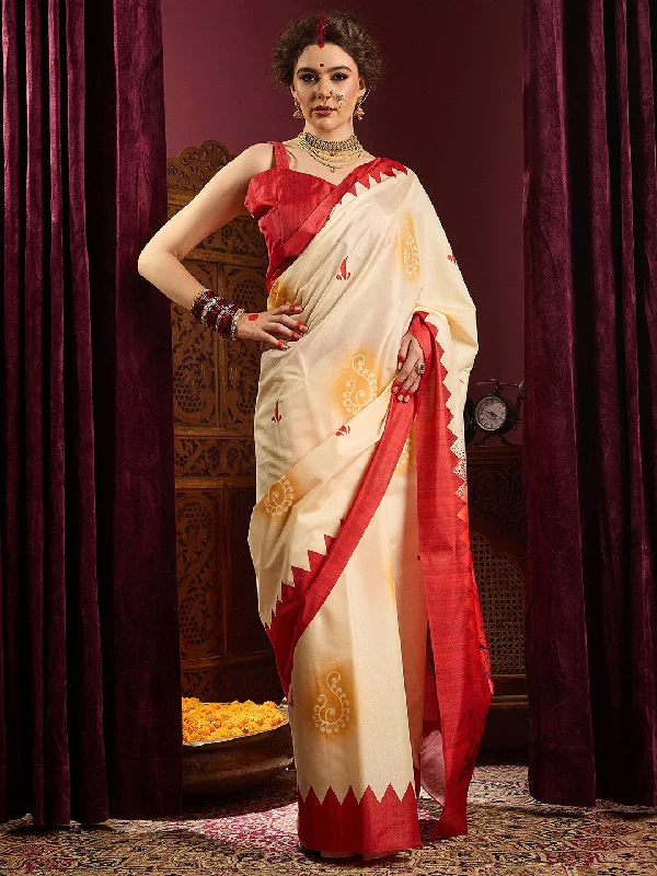Women's Silk Blend Off White Printed Celebrity Saree With Blouse Piece Chic Sleeveless Blouse Women's Silk Blend Off White Printed Celebrity Saree With Blouse Piece Chic Sleeveless Blouse