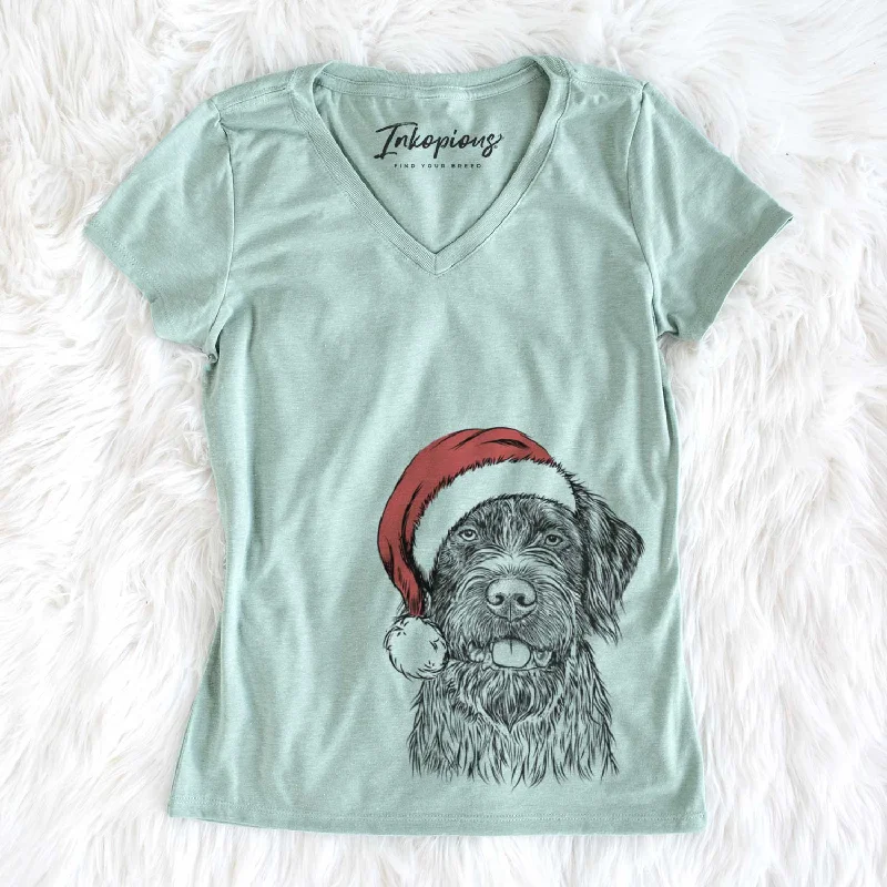 Santa Fletcher the Wirehaired Pointing Griffon - Women's V-neck Shirt-- Ribbed Striped Patterned