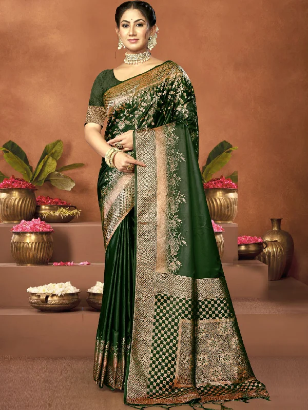 Women Green Satin Silk Saree With Un Stitched Blouse Satin Drape Blouse