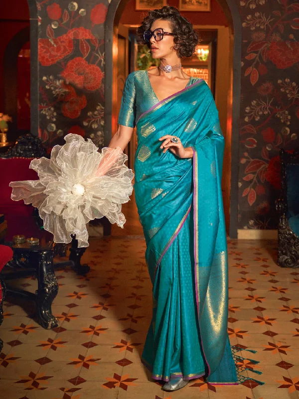 Women's Silk Blend Blue Woven Design Designer Saree With Blouse Piece Ruched Sleeve Blouse Women's Silk Blend Blue Woven Design Designer Saree With Blouse Piece Ruched Sleeve Blouse