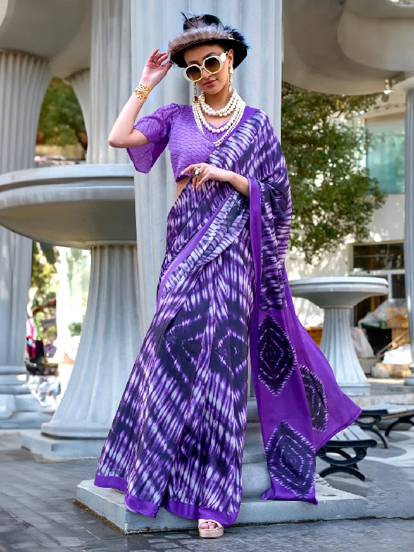 Women's Crepe Purple Printed Designer Saree With Blouse Piece Classic Striped Blouse Women's Crepe Purple Printed Designer Saree With Blouse Piece Classic Striped Blouse