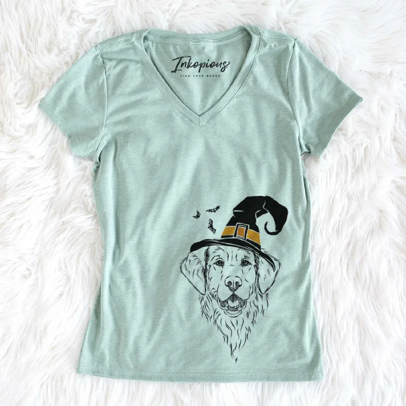 Witch Toby the Golden Retriever - Women's V-neck Shirt-- Lace Blend Ribbed Blend Corduroy Blend Witch Toby the Golden Retriever - Women's V-neck Shirt-- Lace Blend Ribbed Blend Corduroy Blend