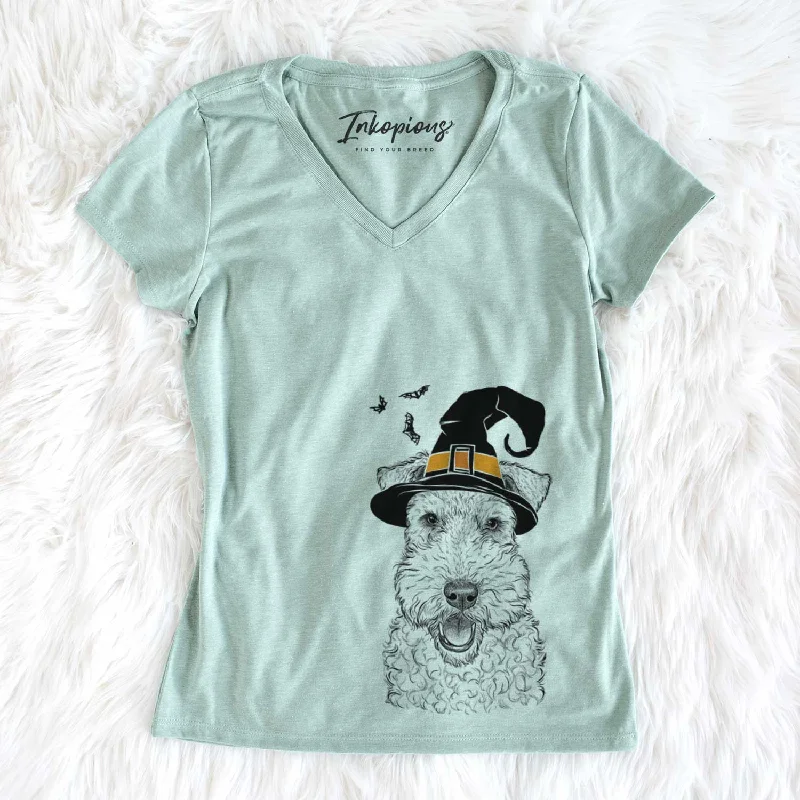 Witch Ted the Wire Fox Terrier - Women's V-neck Shirt-- Houndstooth Herringbone Solid Witch Ted the Wire Fox Terrier - Women's V-neck Shirt-- Houndstooth Herringbone Solid