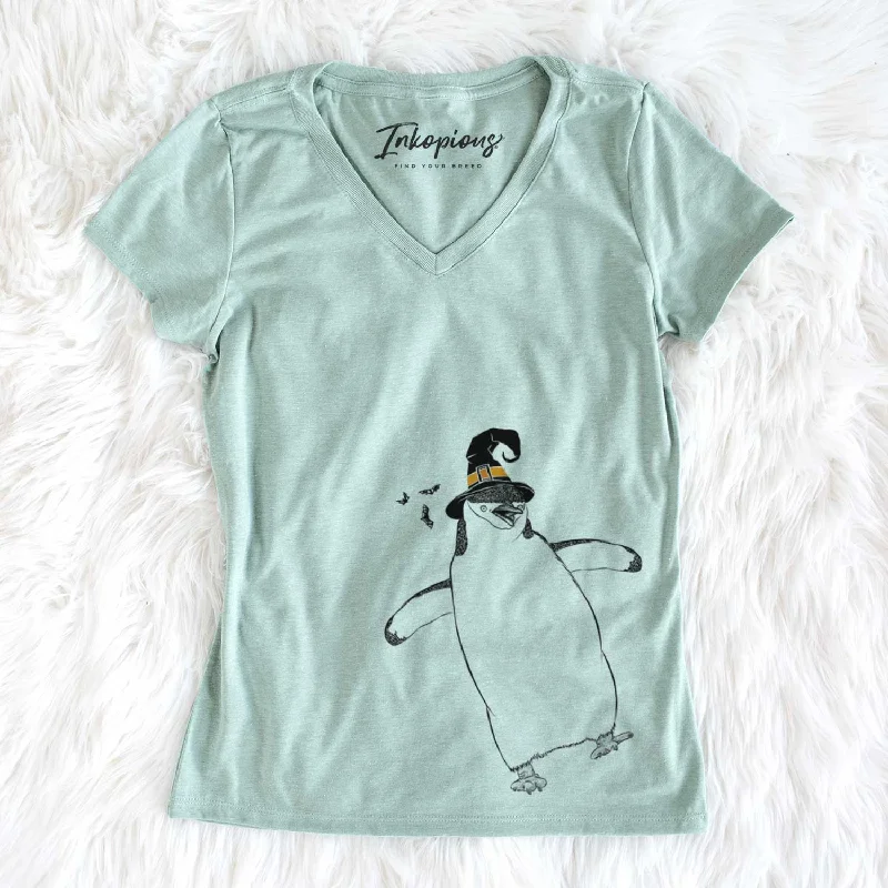 Witch Chive the Chinstrap Penguin - Women's V-neck Shirt-- Chenille Blend Fleece Blend Nylon Blend
