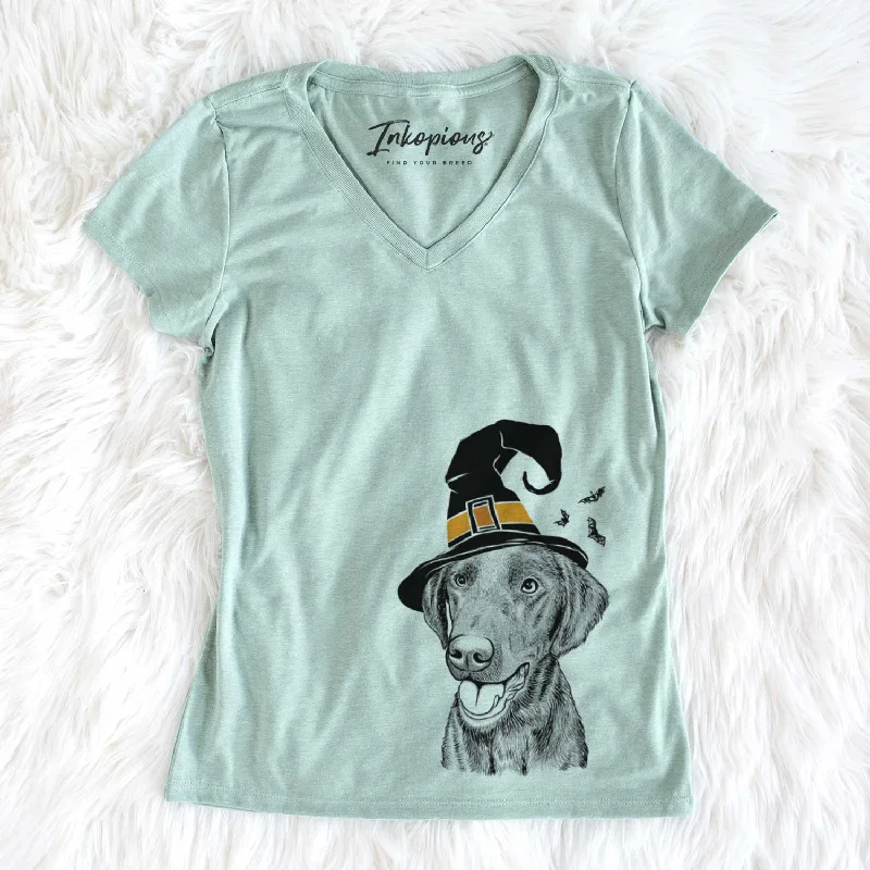 Witch Onyx the Labrador Retriever - Women's V-neck Shirt-- Graphic Embroidered Appliqued