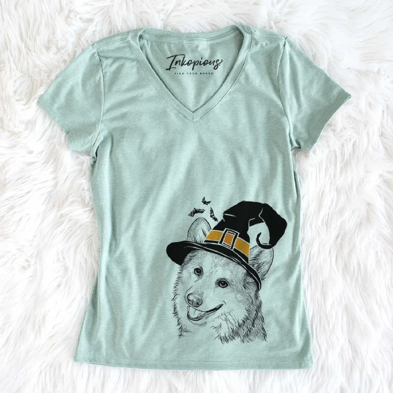 Witch Scout the Pembroke Welsh Corgi - Women's V-neck Shirt-- Knit Fabric Woven Fabric Fleece Fabric Witch Scout the Pembroke Welsh Corgi - Women's V-neck Shirt-- Knit Fabric Woven Fabric Fleece Fabric