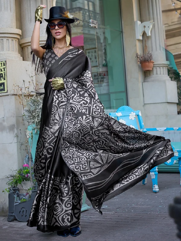Women's Crepe Black Printed Designer Saree With Blouse Piece Cotton Casual Blouse