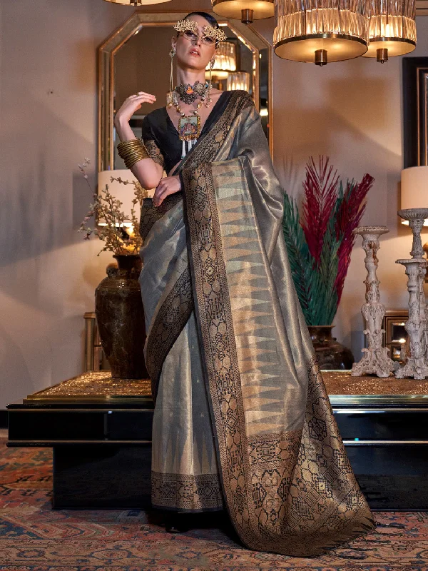 Women's Tissue Black Woven Design Designer Saree With Blouse Piece Lightweight Linen Blouse